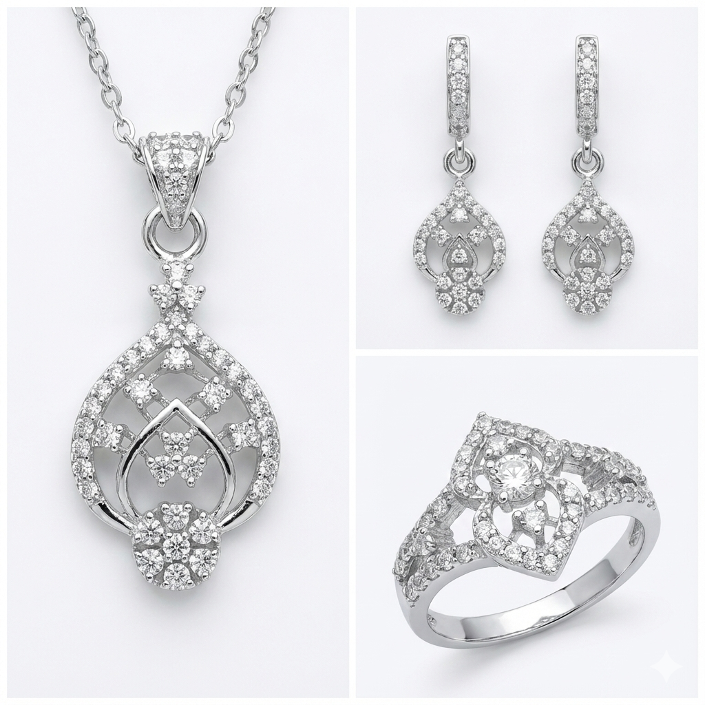 FJ 958 Timeless Sparkle Sterling Silver Necklace Set