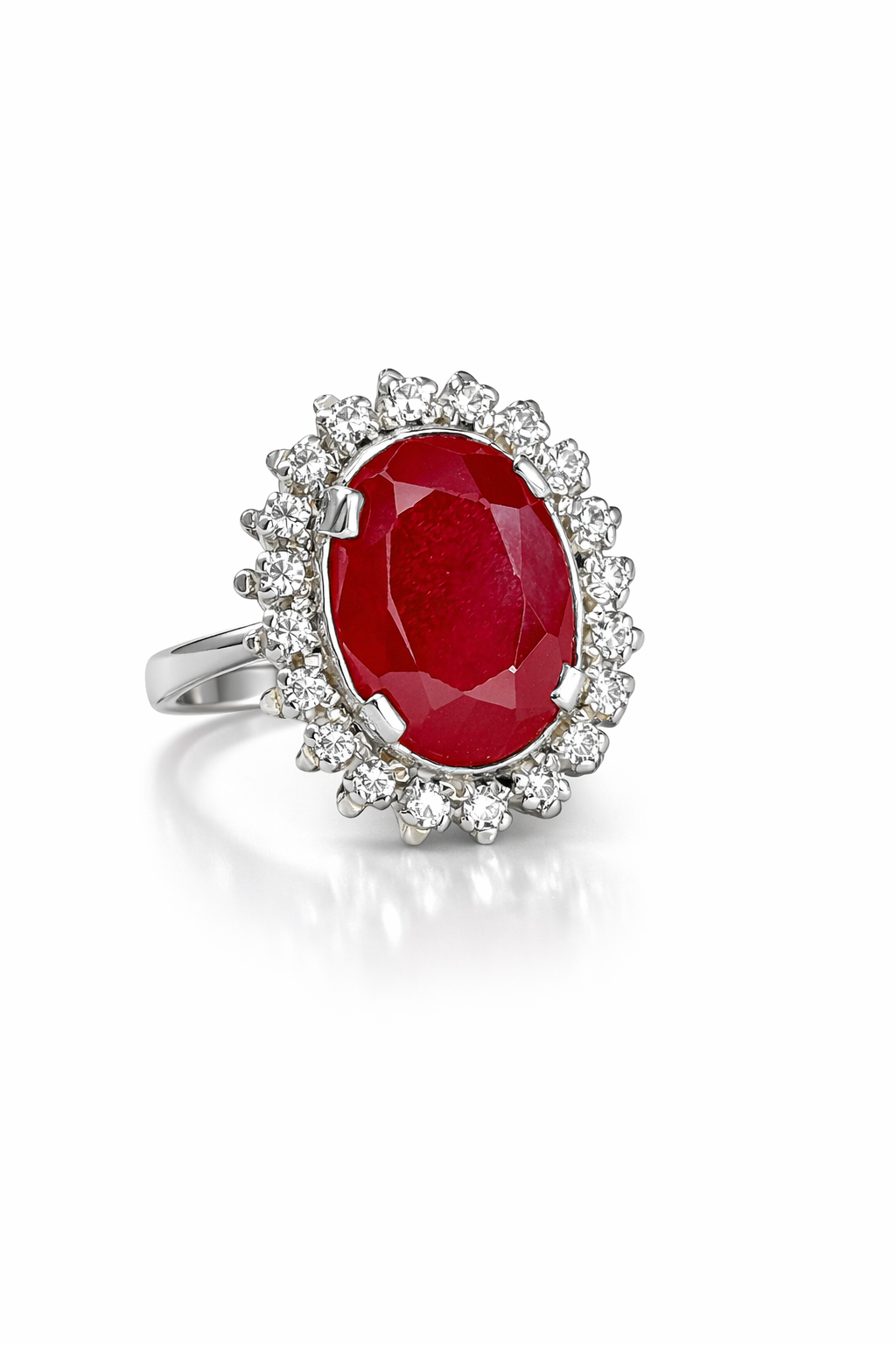Oval Ruby & Moissanite Halo Silver Ring by Fawaz Jewellers