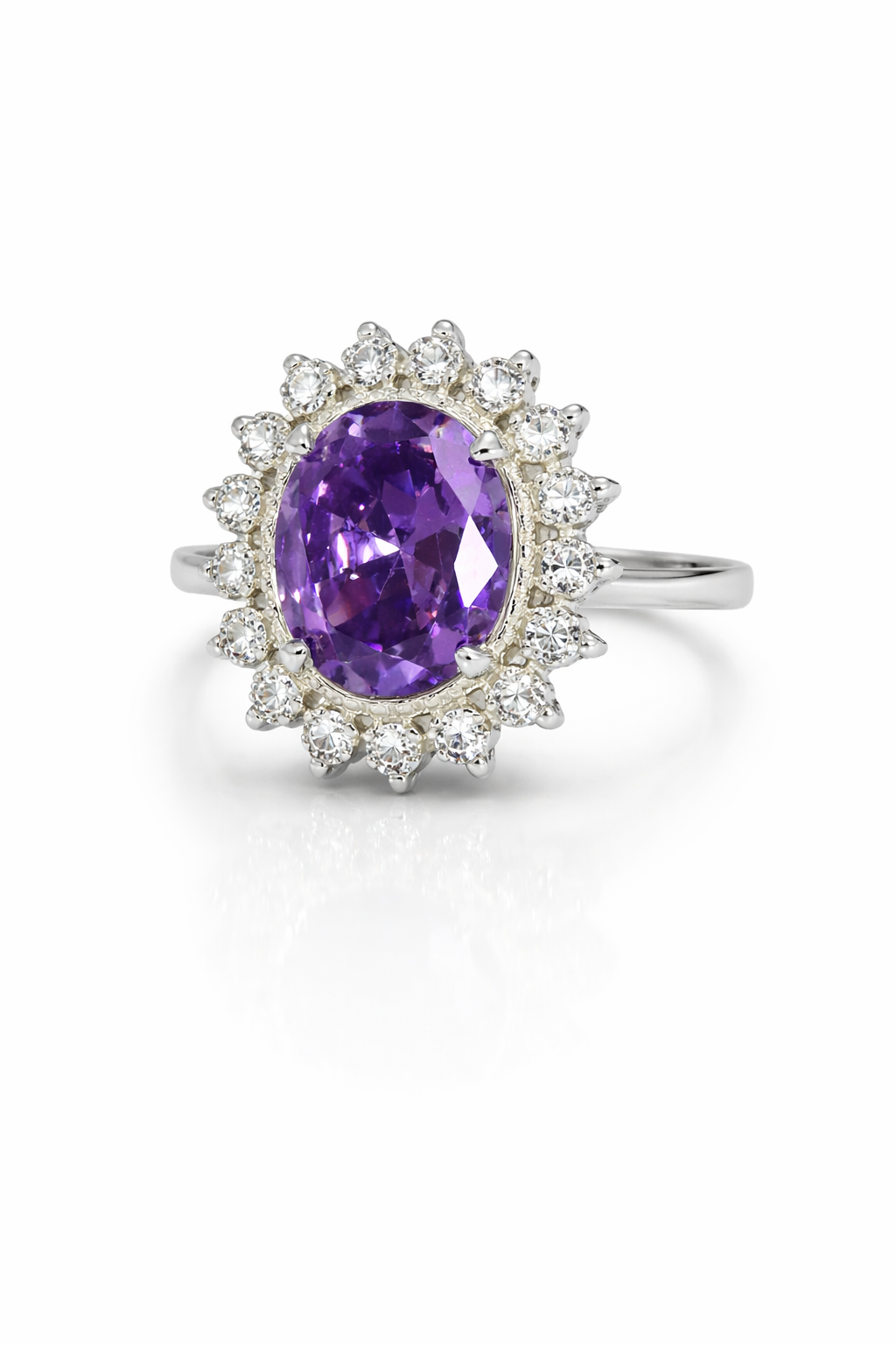 Oval Amethyst & Moissanite Halo Silver Ring by Fawaz Jewellers