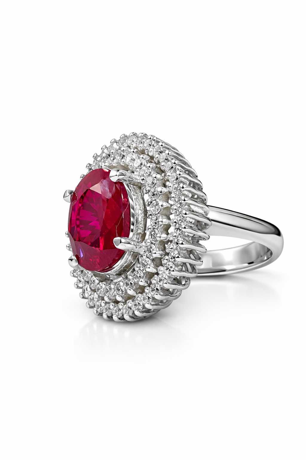 Oval Ruby & Moissanite Double Halo Ring in 925 Moh Silver – Fawaz Jewellers