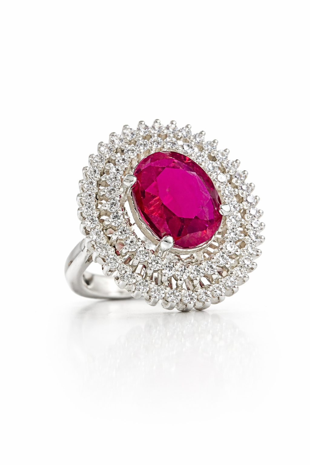 Oval Ruby & Moissanite Double Halo Ring in 925 Moh Silver – Fawaz Jewellers