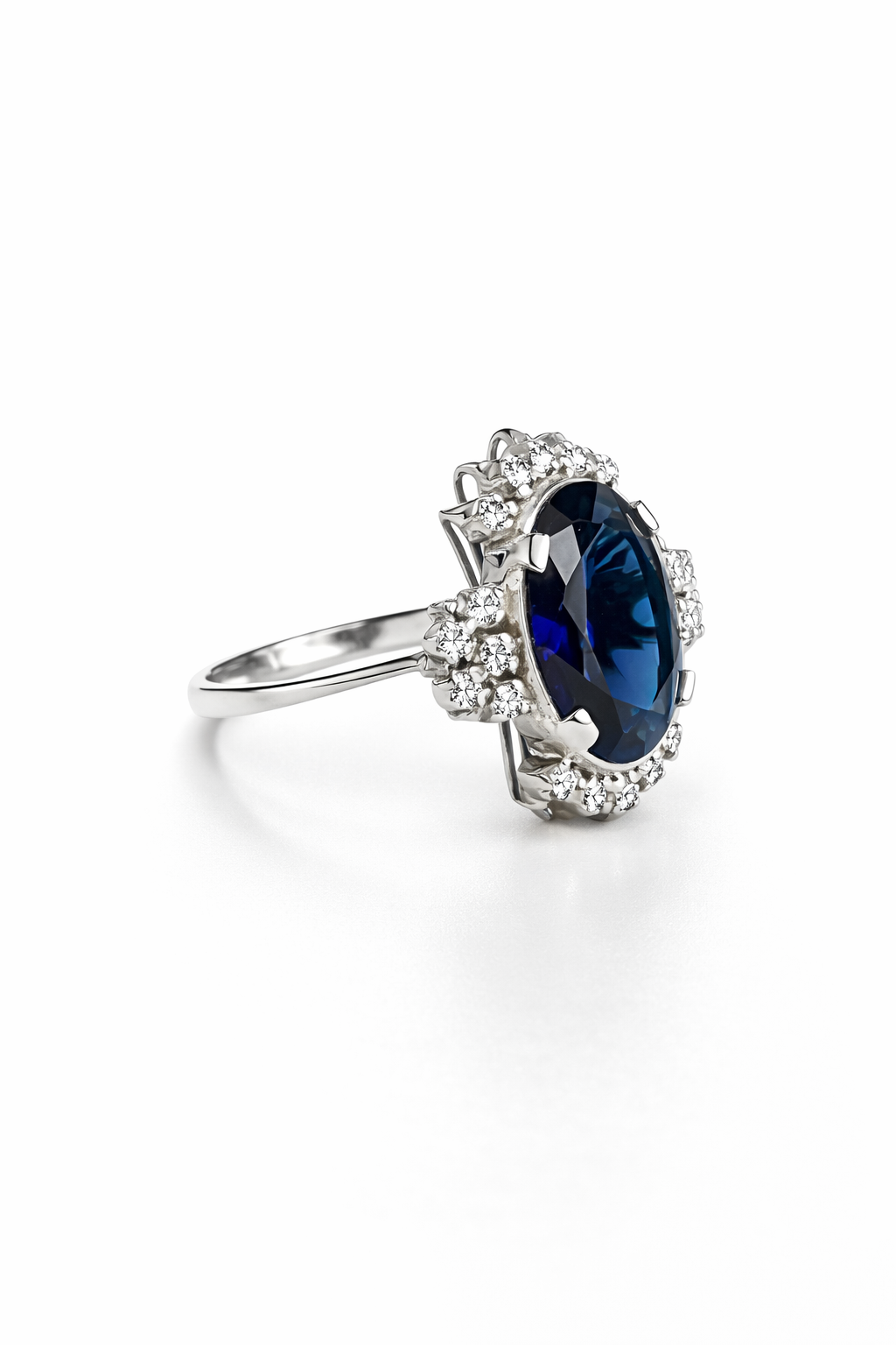 Oval Blue Sapphire & Moissanite Halo Ring in 925 Moh Silver – Fawaz Jewellers