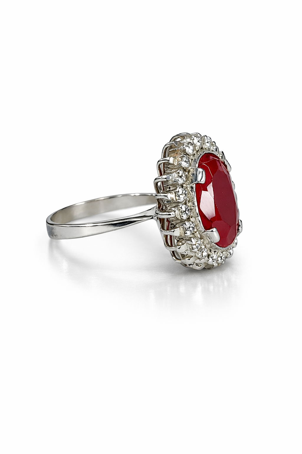 Oval Ruby & Moissanite Halo Silver Ring by Fawaz Jewellers