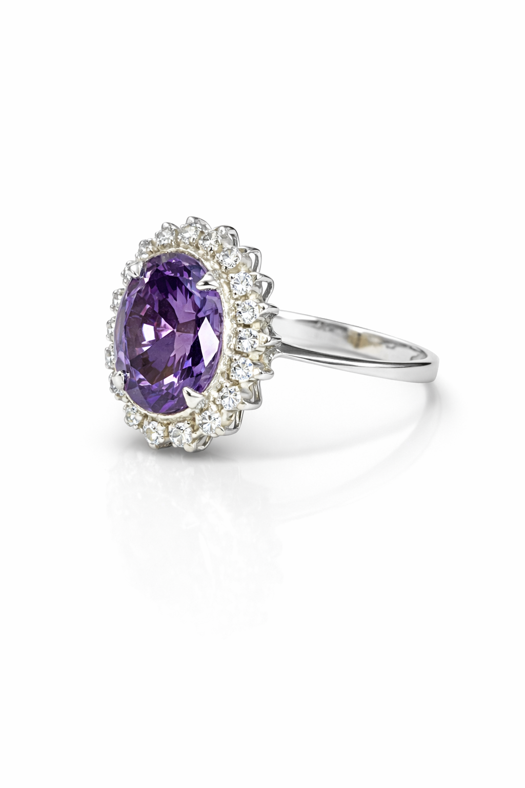Oval Amethyst & Moissanite Halo Silver Ring by Fawaz Jewellers