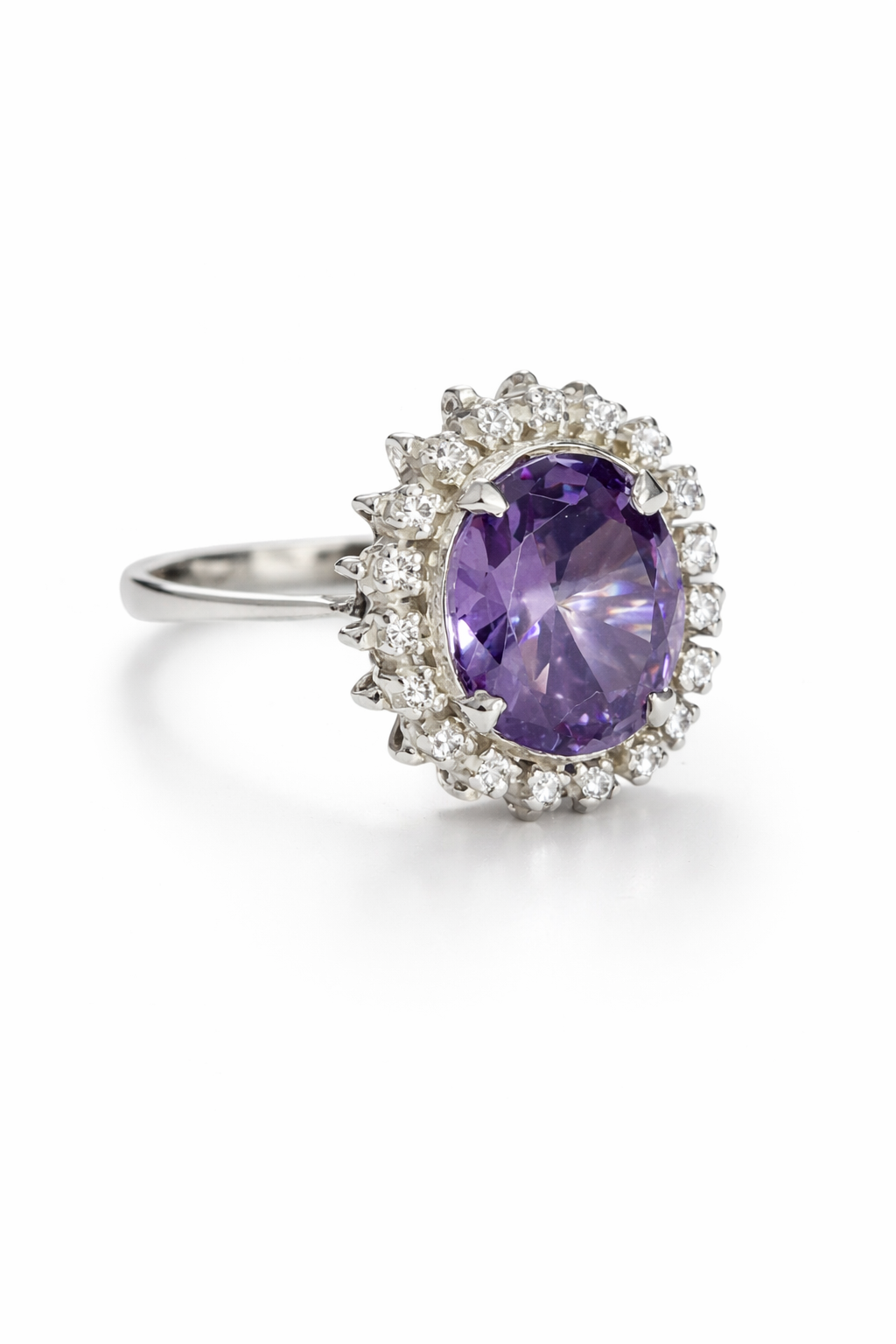 Oval Amethyst & Moissanite Halo Silver Ring by Fawaz Jewellers