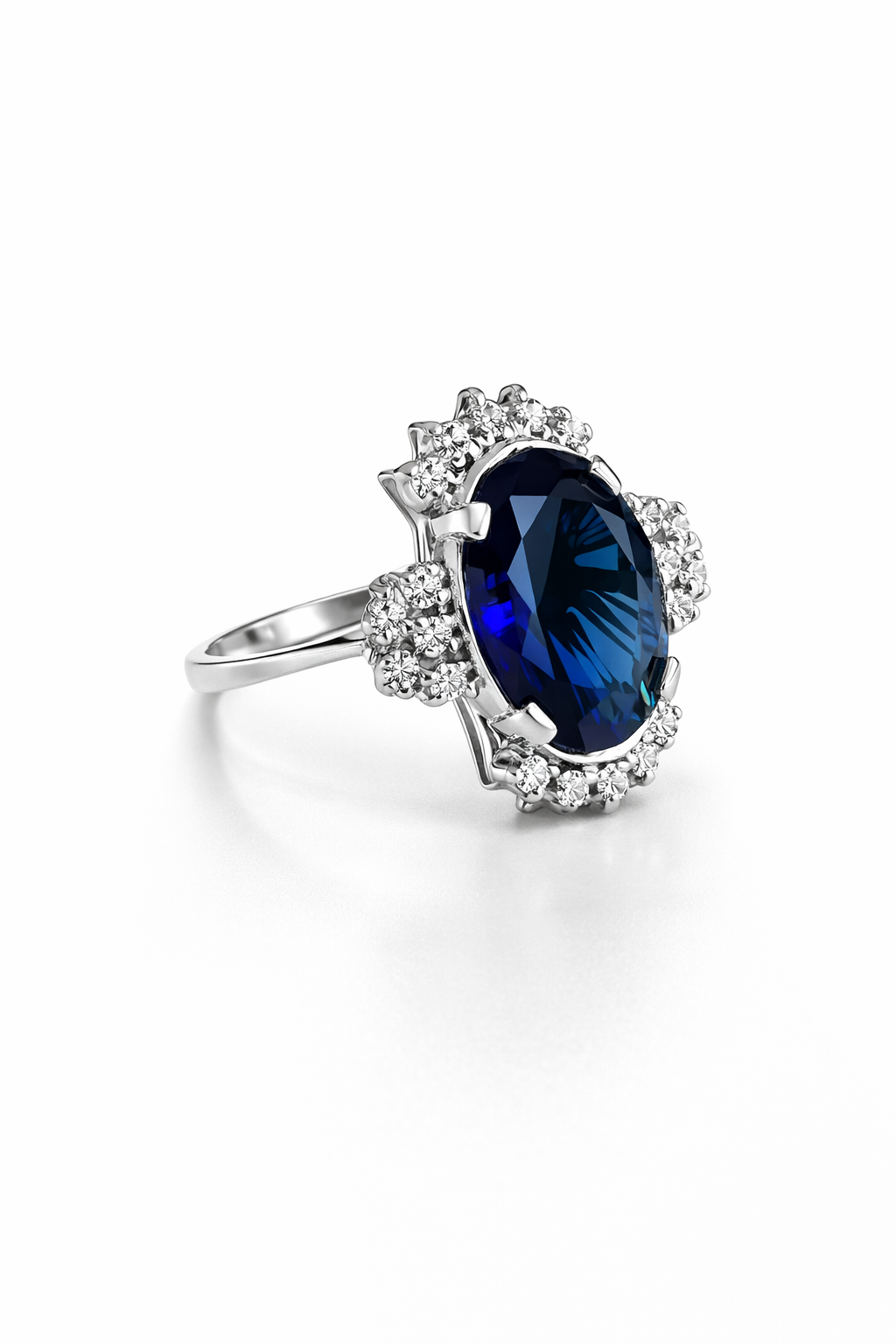 Oval Blue Sapphire & Moissanite Halo Ring in 925 Moh Silver – Fawaz Jewellers