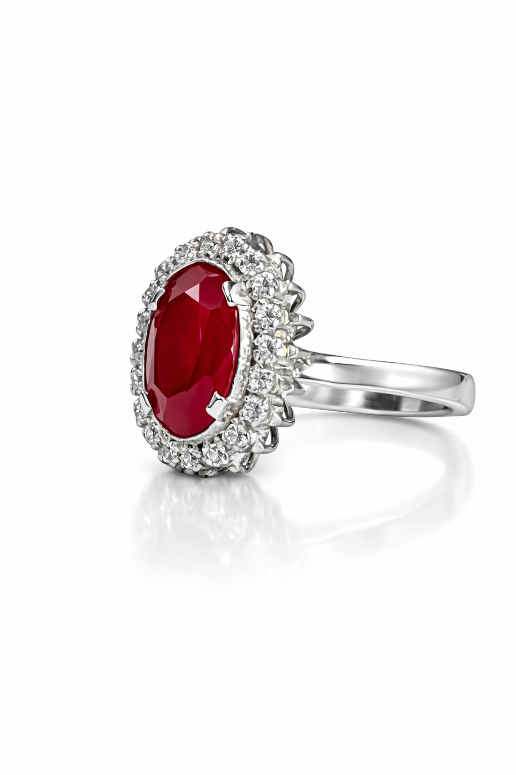 Oval Ruby & Moissanite Halo Silver Ring by Fawaz Jewellers