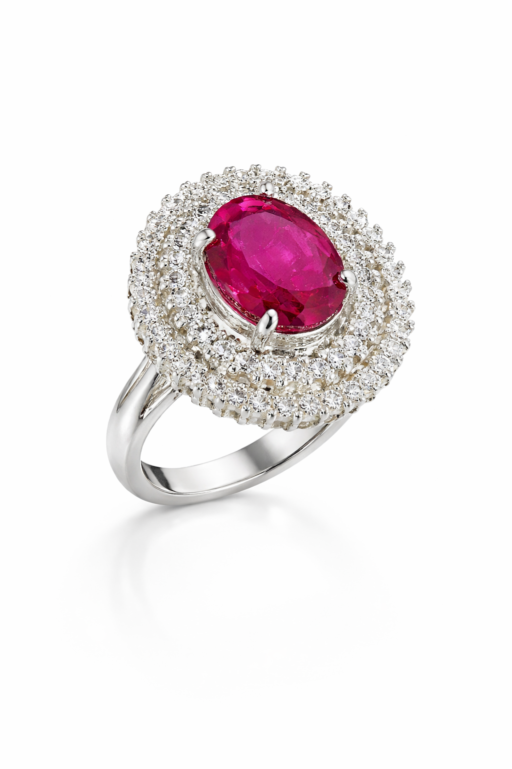 Oval Ruby & Moissanite Double Halo Ring in 925 Moh Silver – Fawaz Jewellers