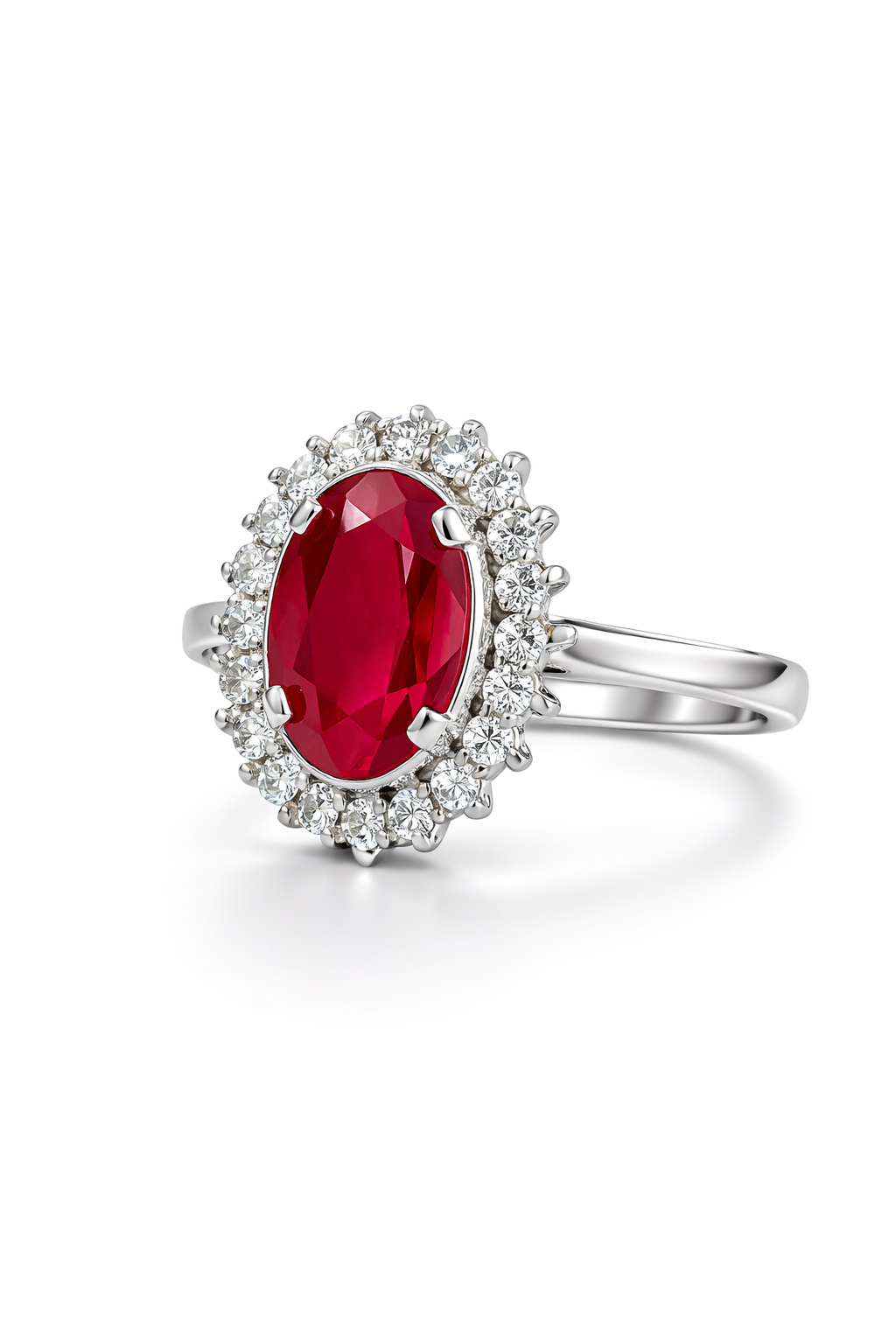 Oval Ruby & Moissanite Halo Silver Ring by Fawaz Jewellers