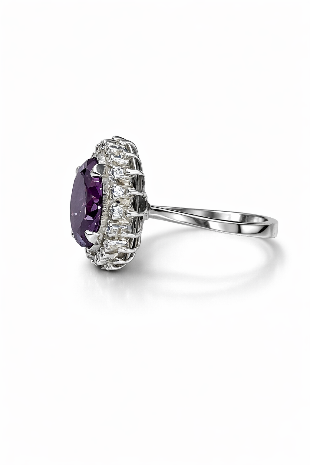 Oval Amethyst & Moissanite Halo Silver Ring by Fawaz Jewellers