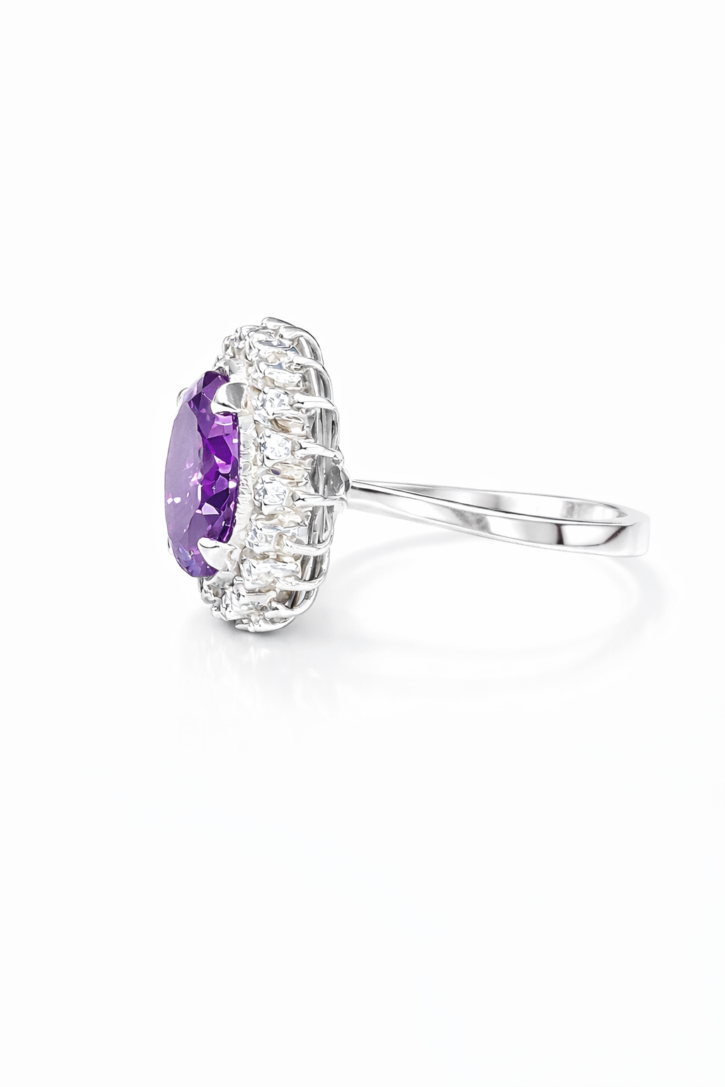 Oval Amethyst & Moissanite Halo Silver Ring by Fawaz Jewellers