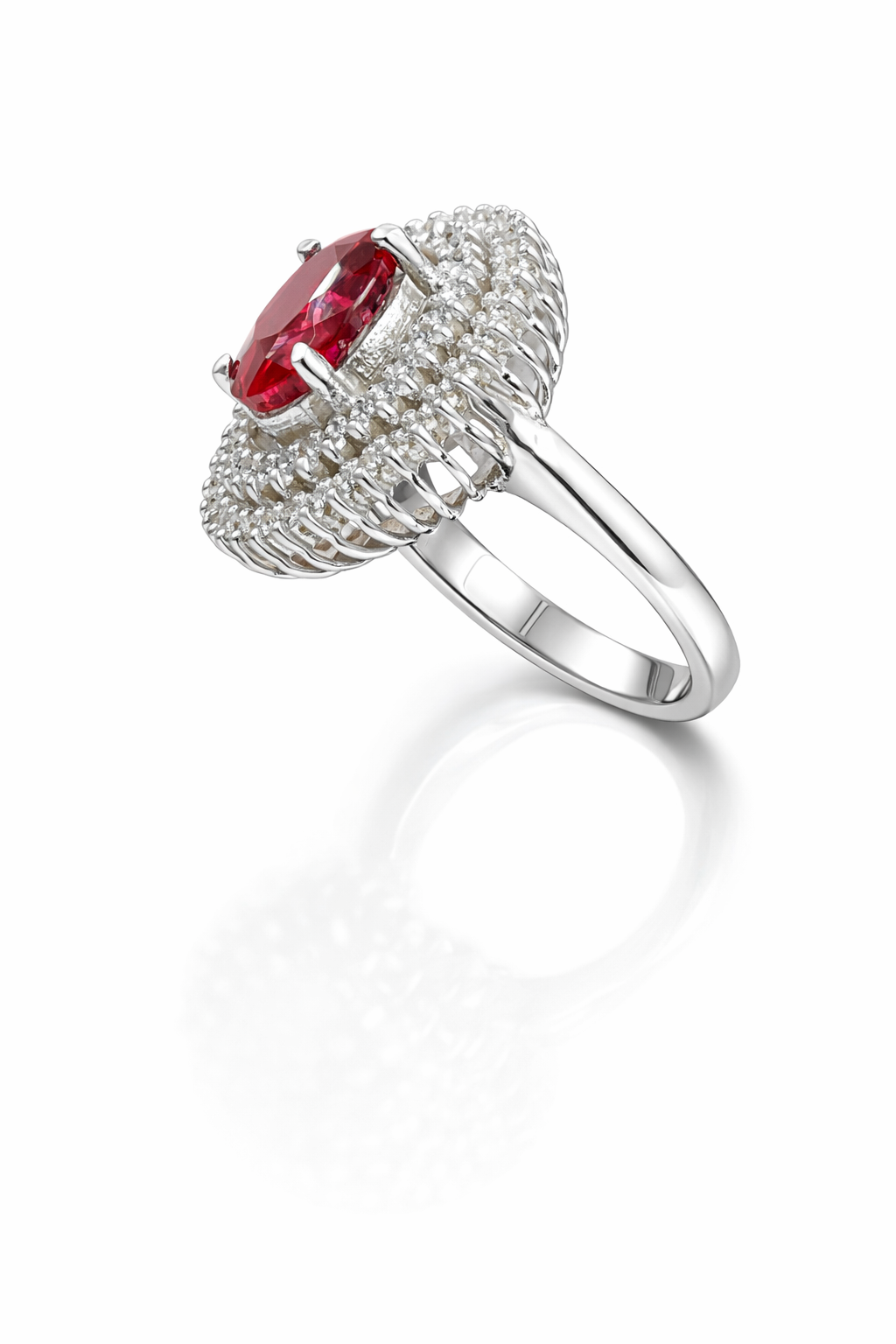 Oval Ruby & Moissanite Double Halo Ring in 925 Moh Silver – Fawaz Jewellers