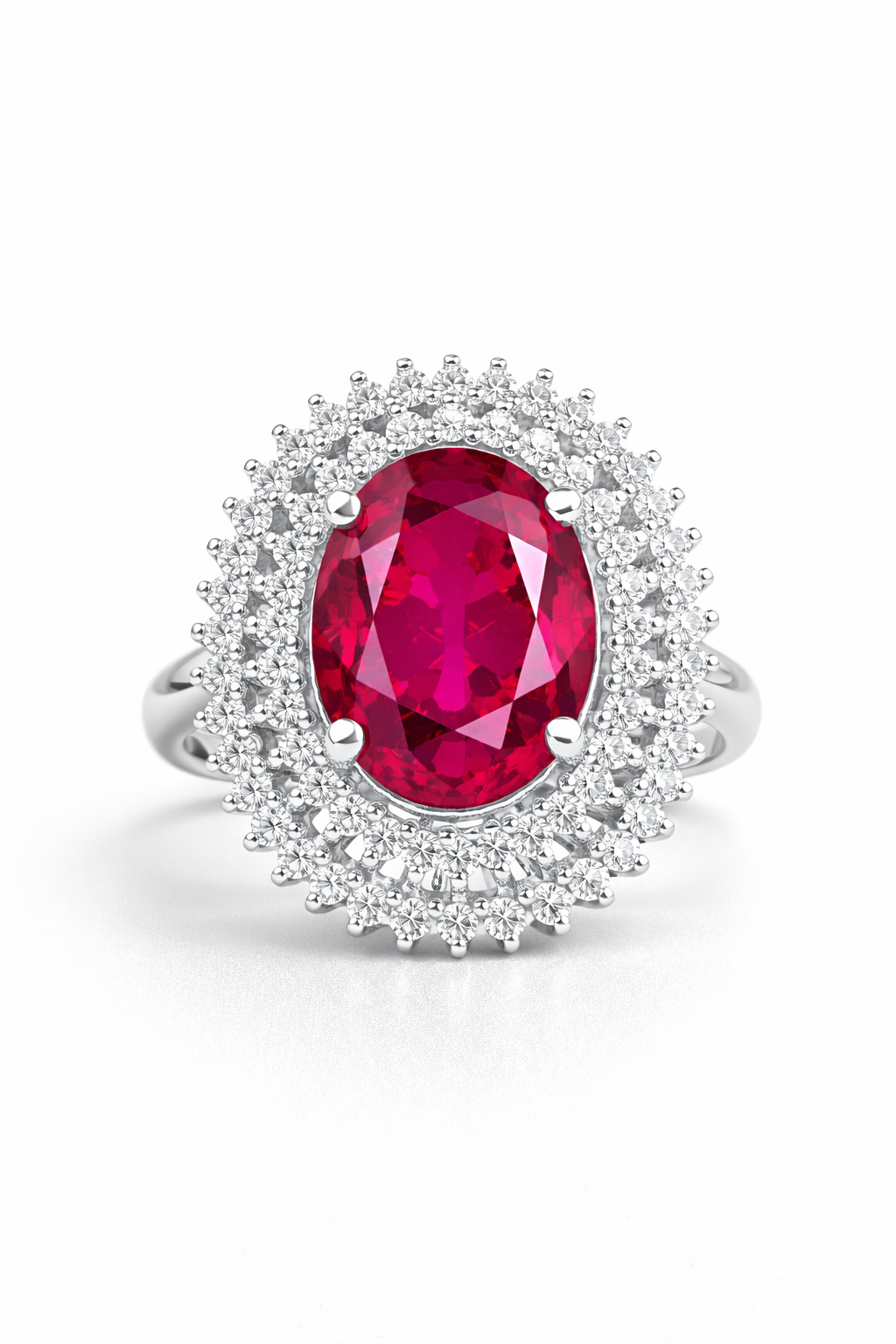 Oval Ruby & Moissanite Double Halo Ring in 925 Moh Silver – Fawaz Jewellers