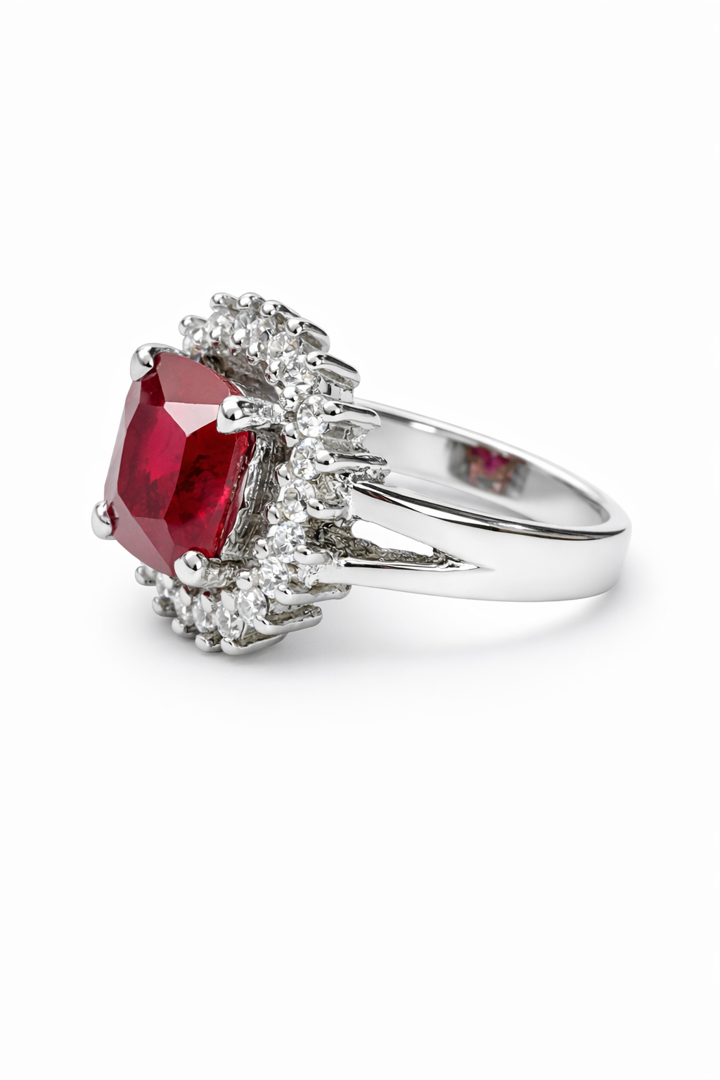 Classic Ruby Halo Ring with Brilliant Moissanite Accents