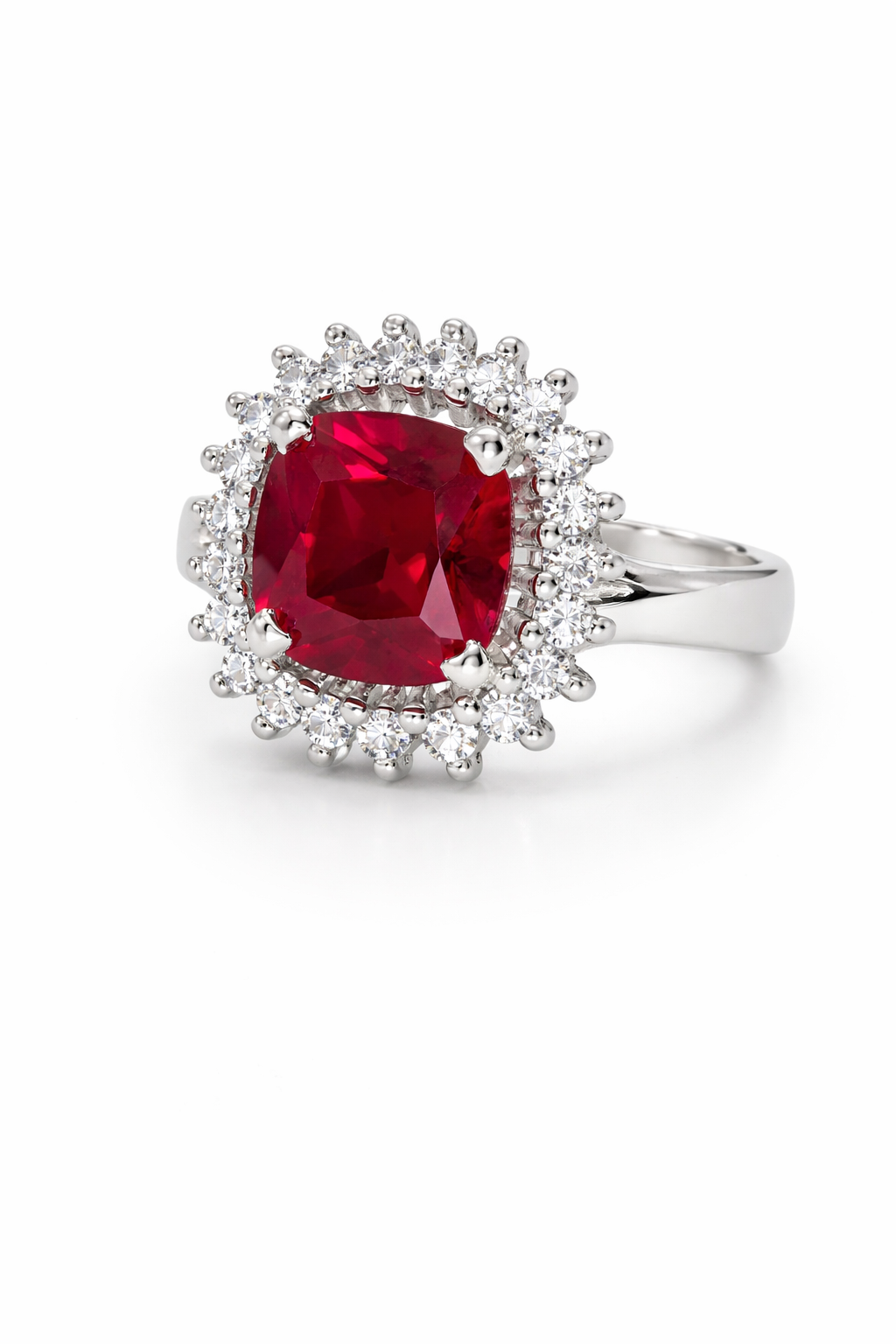 Classic Ruby Halo Ring with Brilliant Moissanite Accents