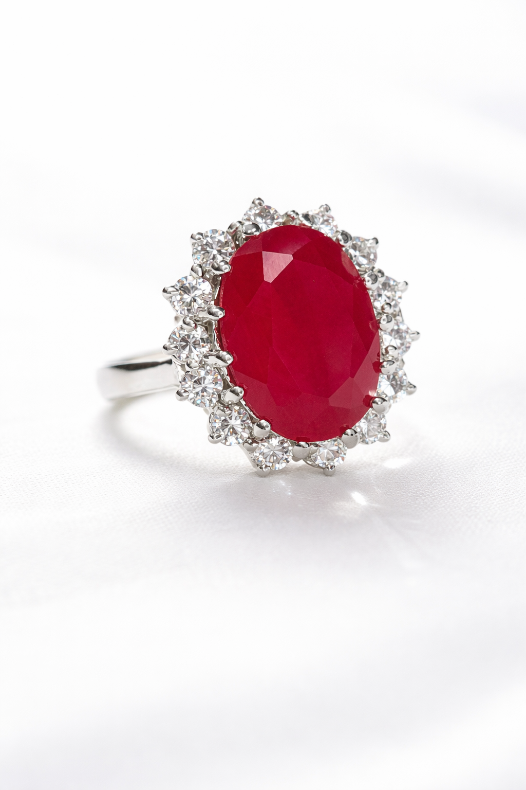 Oval Ruby Halo Ring with Moissanite Accent Stones – 925 Sterling Silver | Fawaz Jewellers