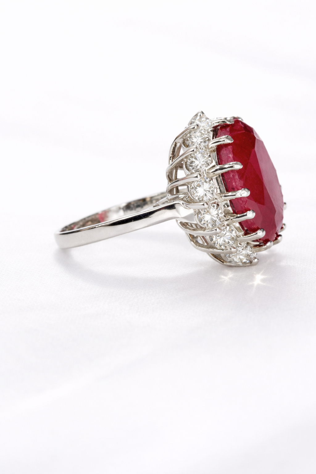 Oval Ruby Halo Ring with Moissanite Accent Stones – 925 Sterling Silver | Fawaz Jewellers