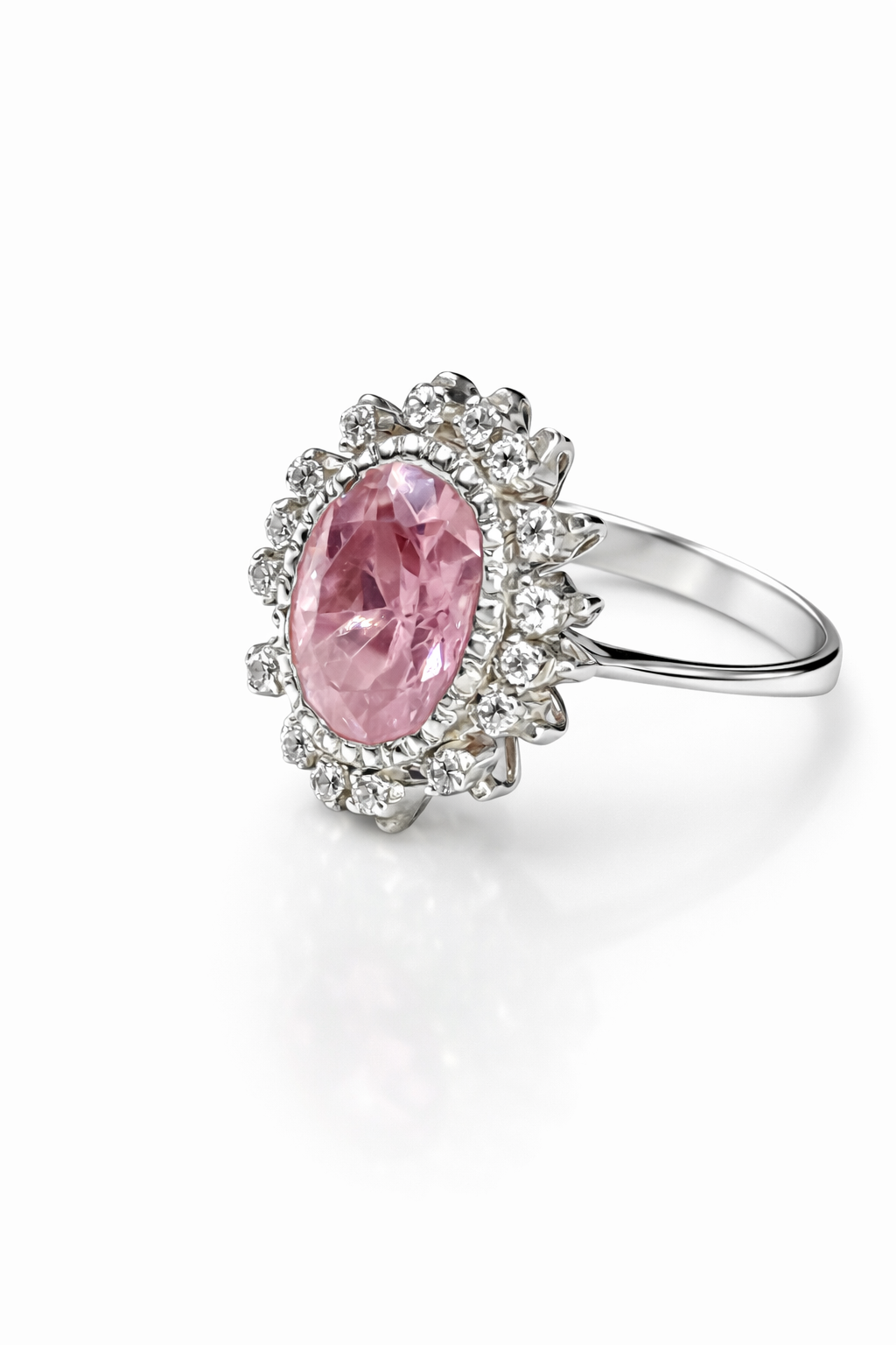 Oval Ruby & Moissanite Halo Ring by Fawaz Jewellers – Elegant Silver Finish