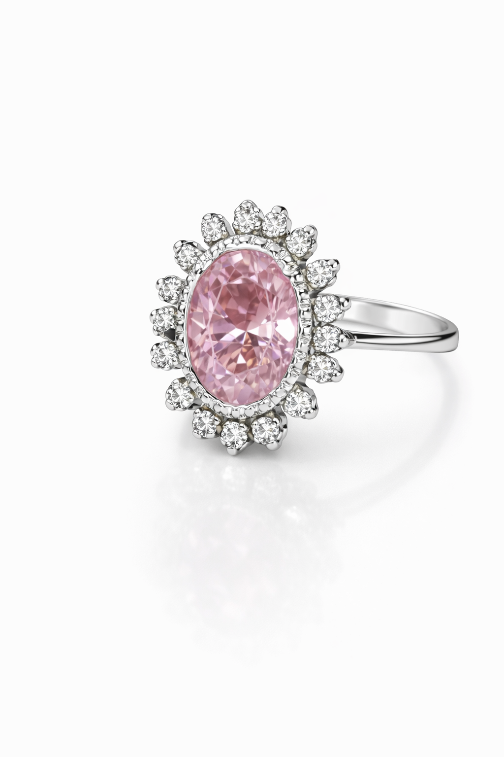 Oval Ruby & Moissanite Halo Ring by Fawaz Jewellers – Elegant Silver Finish