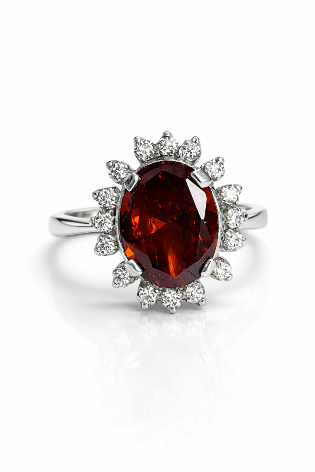 Oval Ruby & Moissanite Halo Silver Ring by Fawaz Jewellers