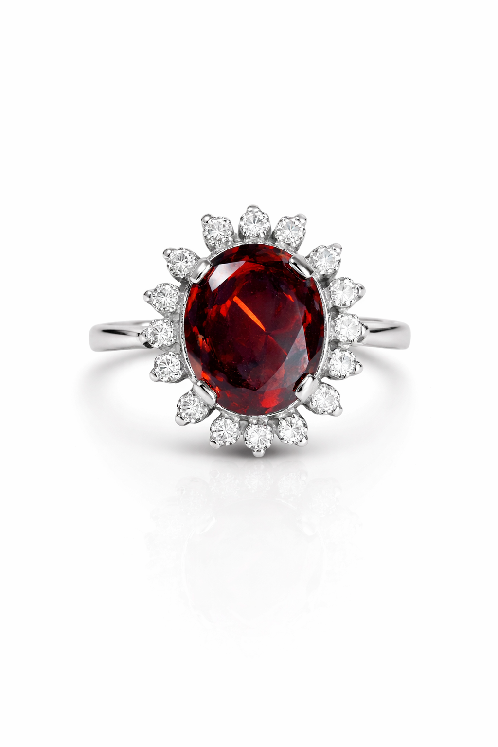Oval Ruby & Moissanite Halo Silver Ring by Fawaz Jewellers