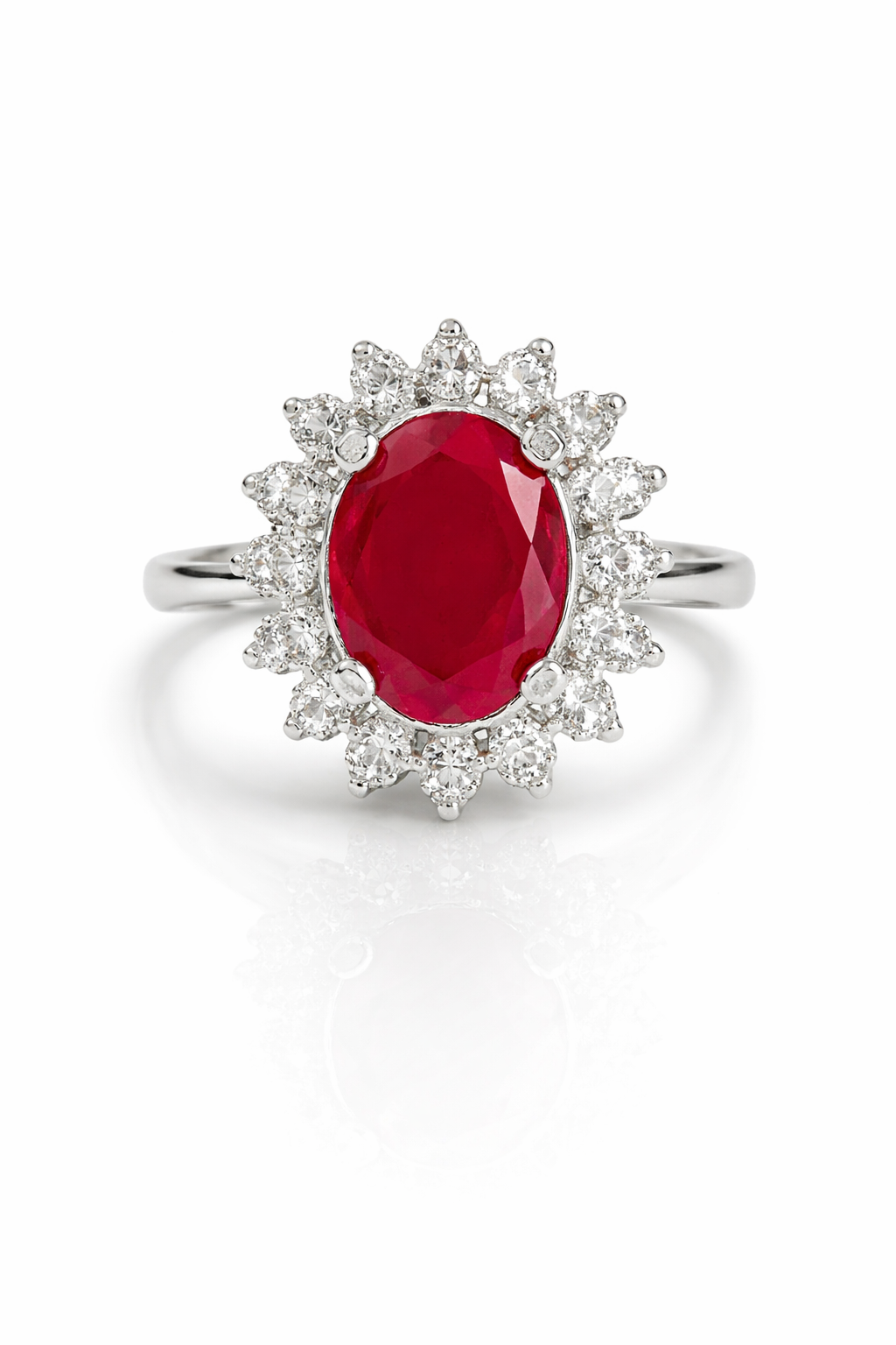 Royal Oval Ruby & Moissanite Halo Ring in Sterling Silver – Fawaz Jewellers
