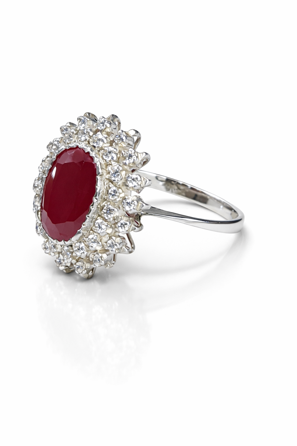Royal Oval Ruby & Moissanite Halo Ring in Sterling Silver – Fawaz Jewellers