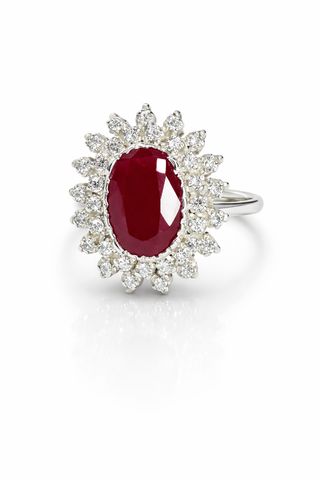Royal Oval Ruby & Moissanite Halo Ring in Sterling Silver – Fawaz Jewellers