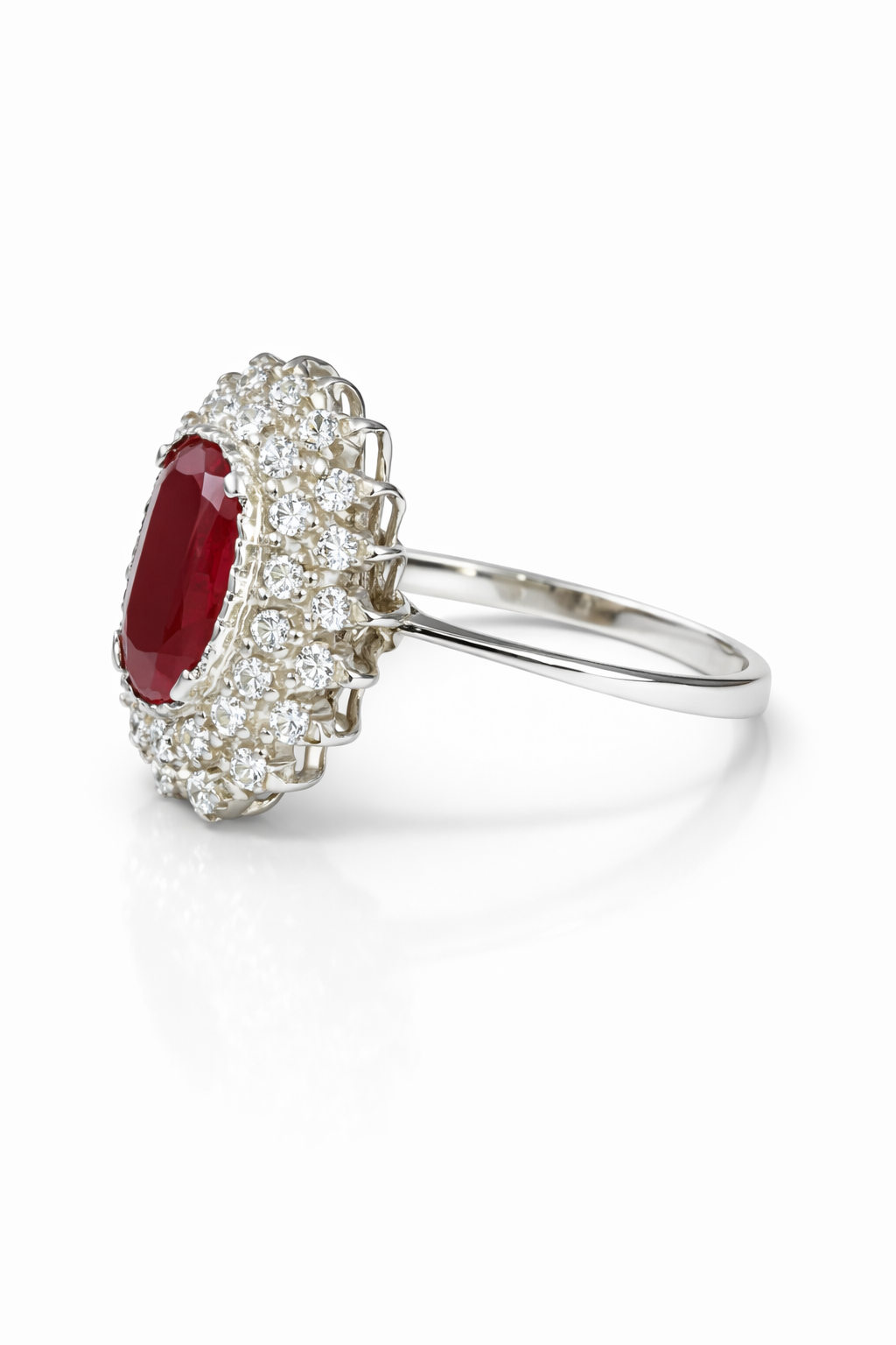 Royal Oval Ruby & Moissanite Halo Ring in Sterling Silver – Fawaz Jewellers