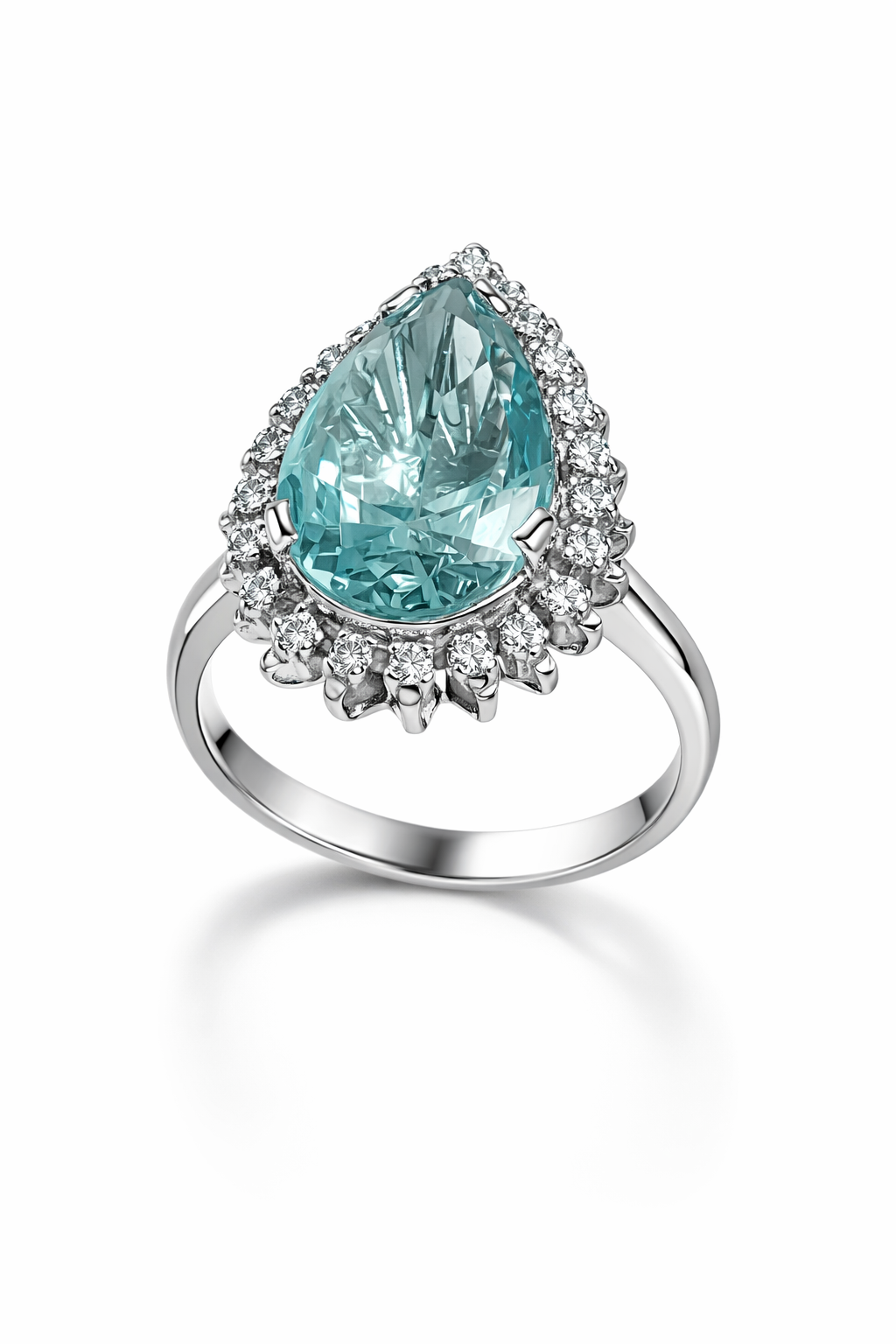 Pear Cut Aquamarine & Moissanite Halo Ring in 925 Moh Silver – Fawaz Jewellers