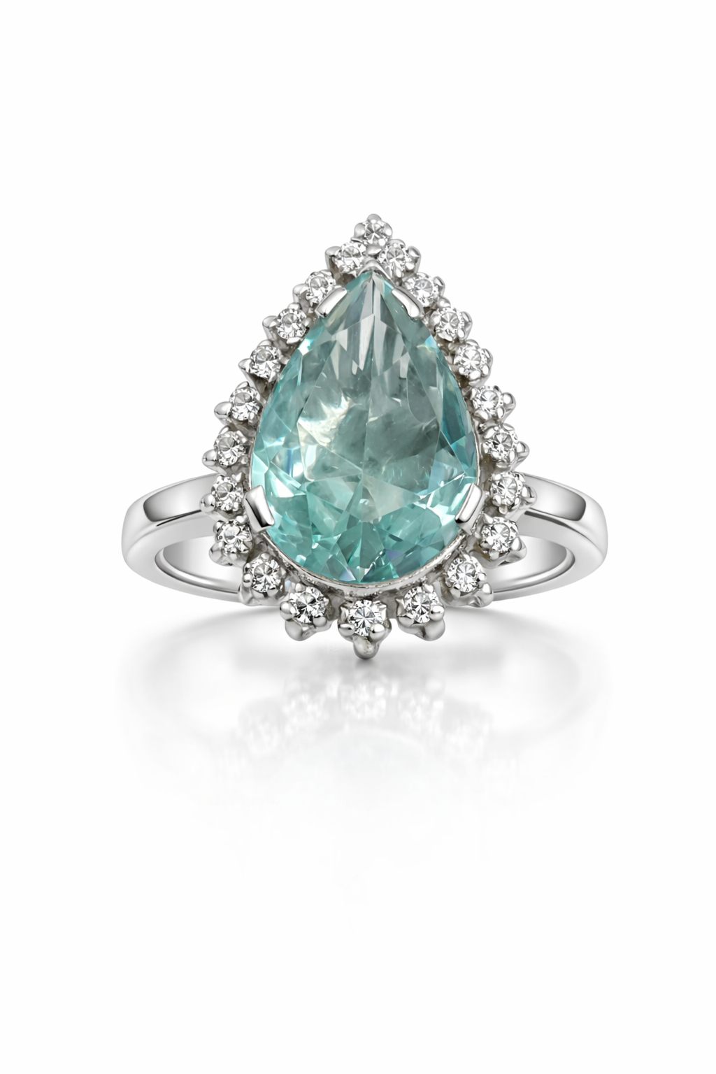 Pear Cut Aquamarine & Moissanite Halo Ring in 925 Moh Silver – Fawaz Jewellers