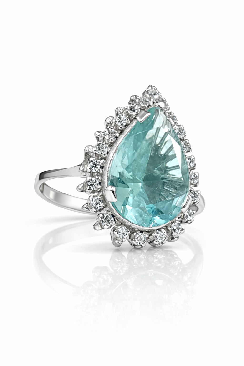 Pear Cut Aquamarine & Moissanite Halo Ring in 925 Moh Silver – Fawaz Jewellers