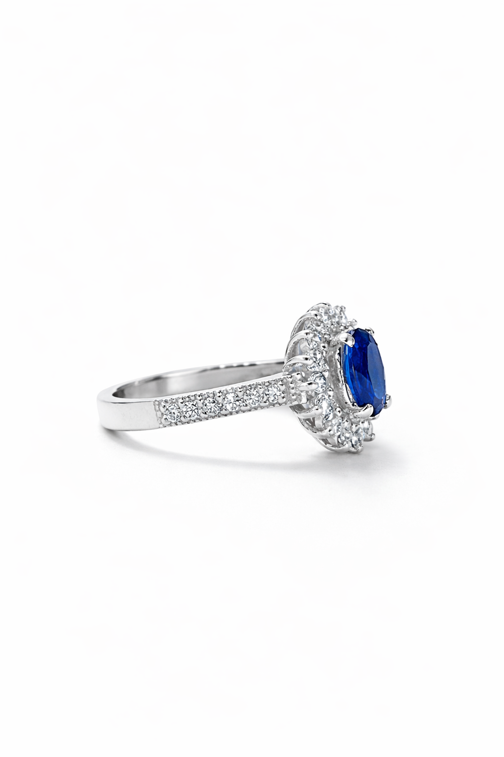 Ladies Blue Sapphire & Moissanite Halo Ring in 925 Sterling Silver – Fawaz Jewellers