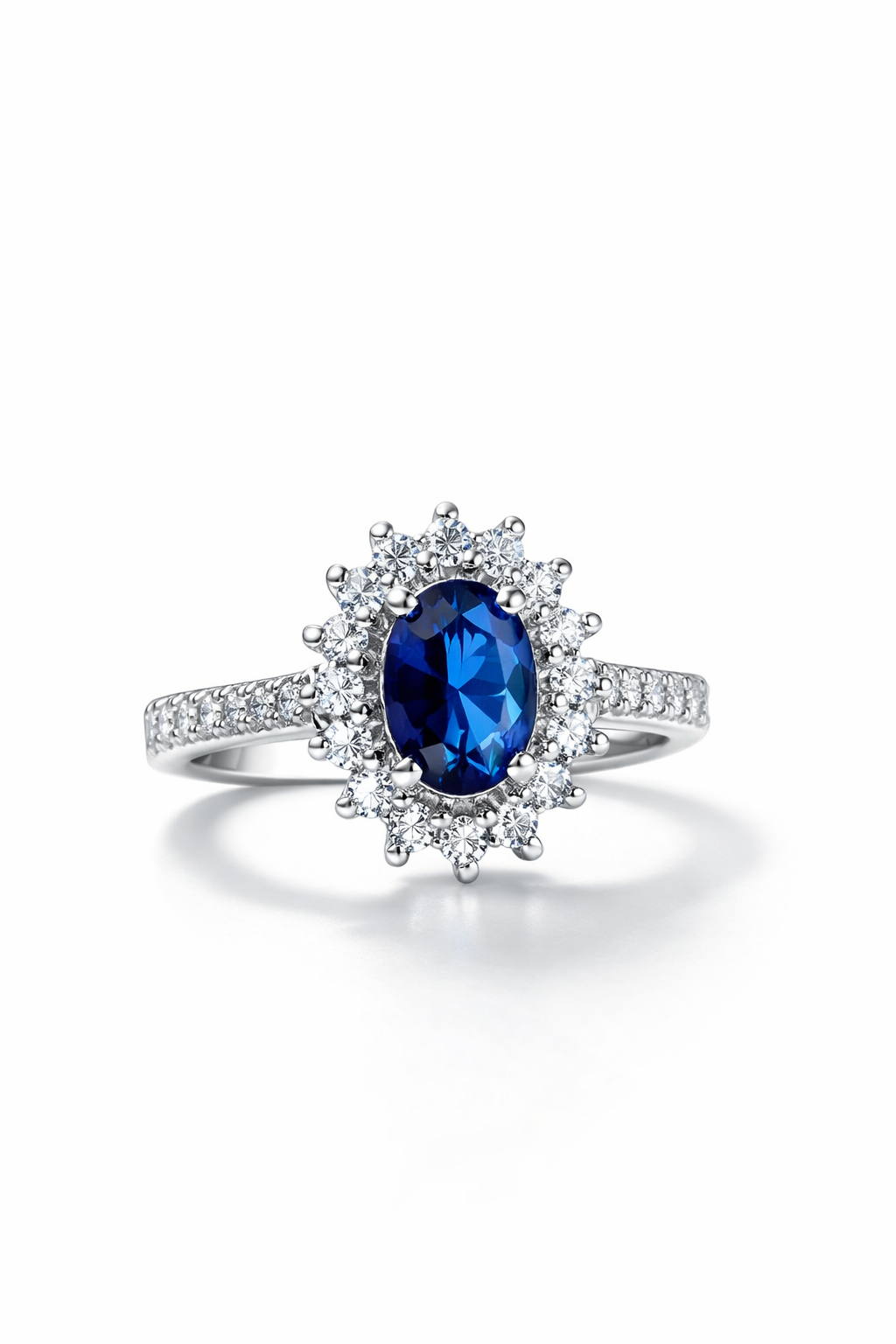 Ladies Blue Sapphire & Moissanite Halo Ring in 925 Sterling Silver – Fawaz Jewellers