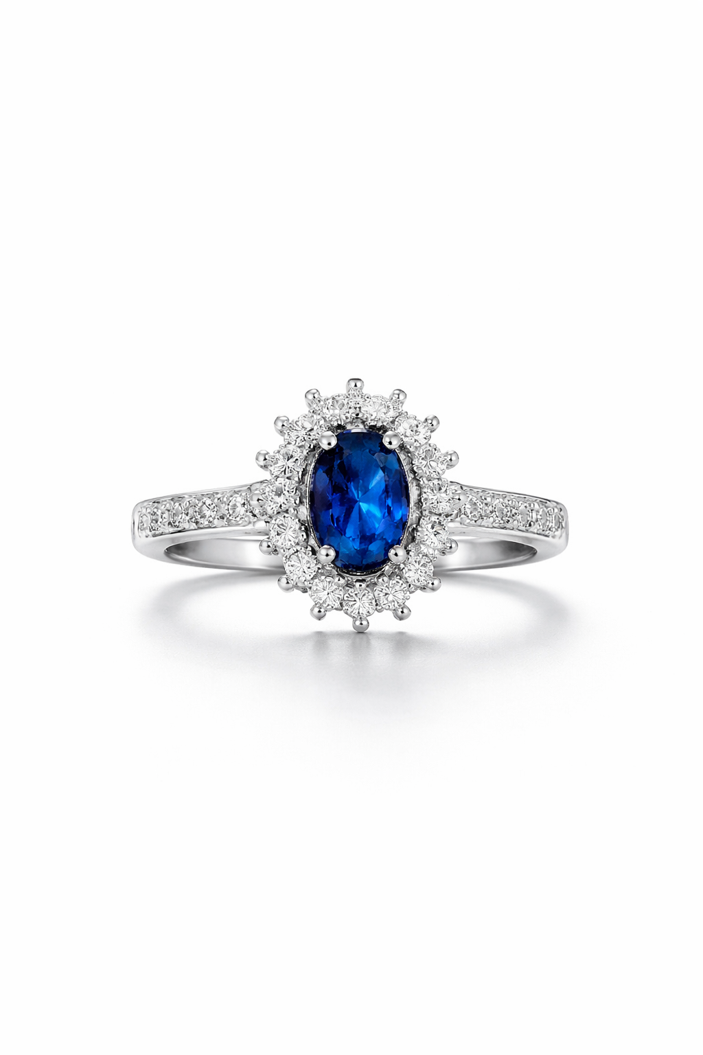 Ladies Blue Sapphire & Moissanite Halo Ring in 925 Sterling Silver – Fawaz Jewellers