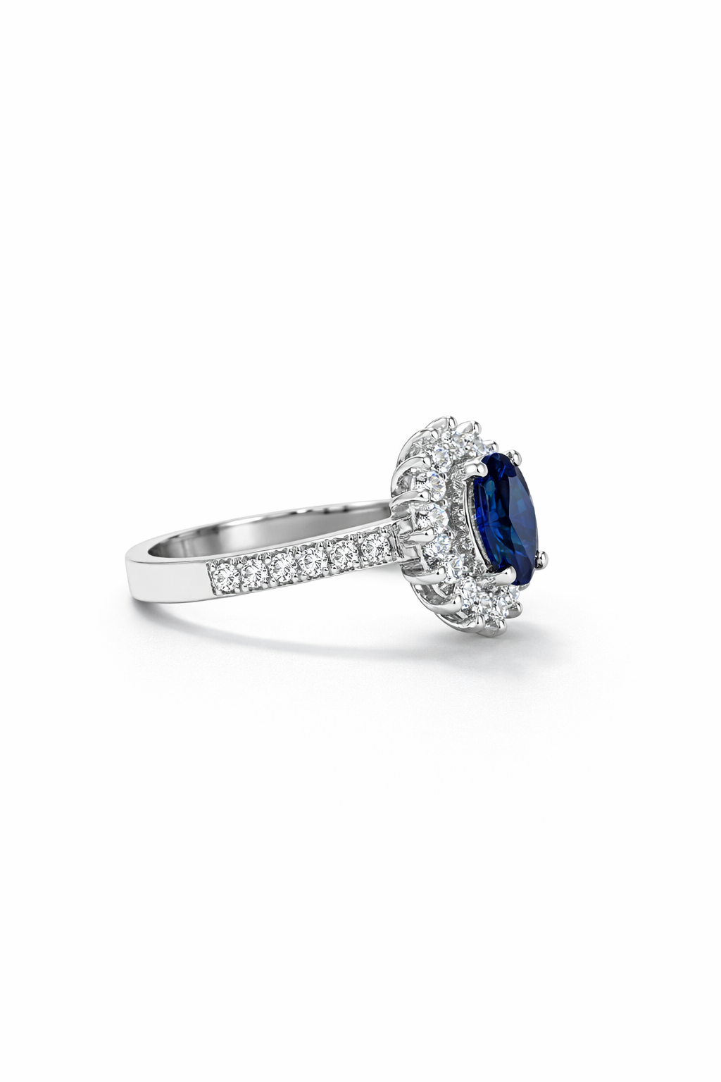 Ladies Blue Sapphire & Moissanite Halo Ring in 925 Sterling Silver – Fawaz Jewellers