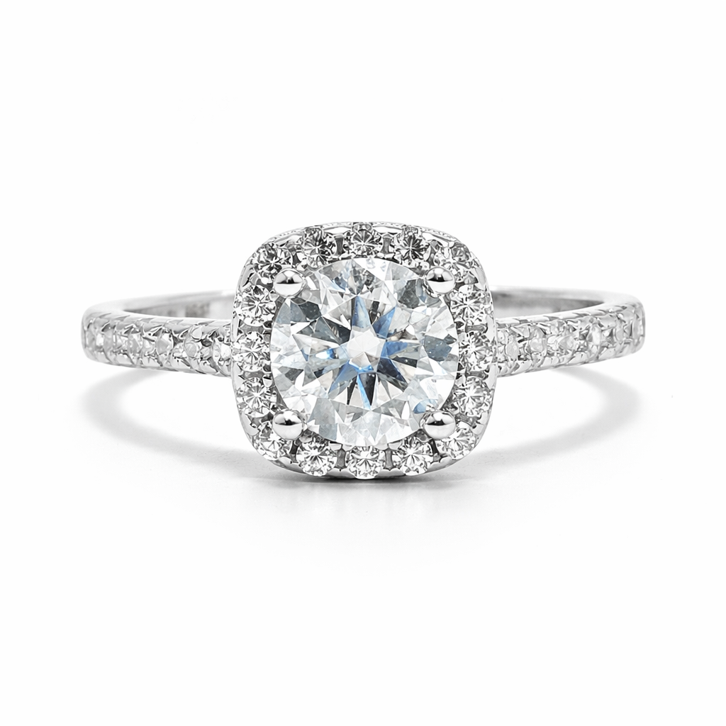 Ladies Moissanite Cushion Halo Ring in 925 Sterling Silver – Fawaz Jewellers