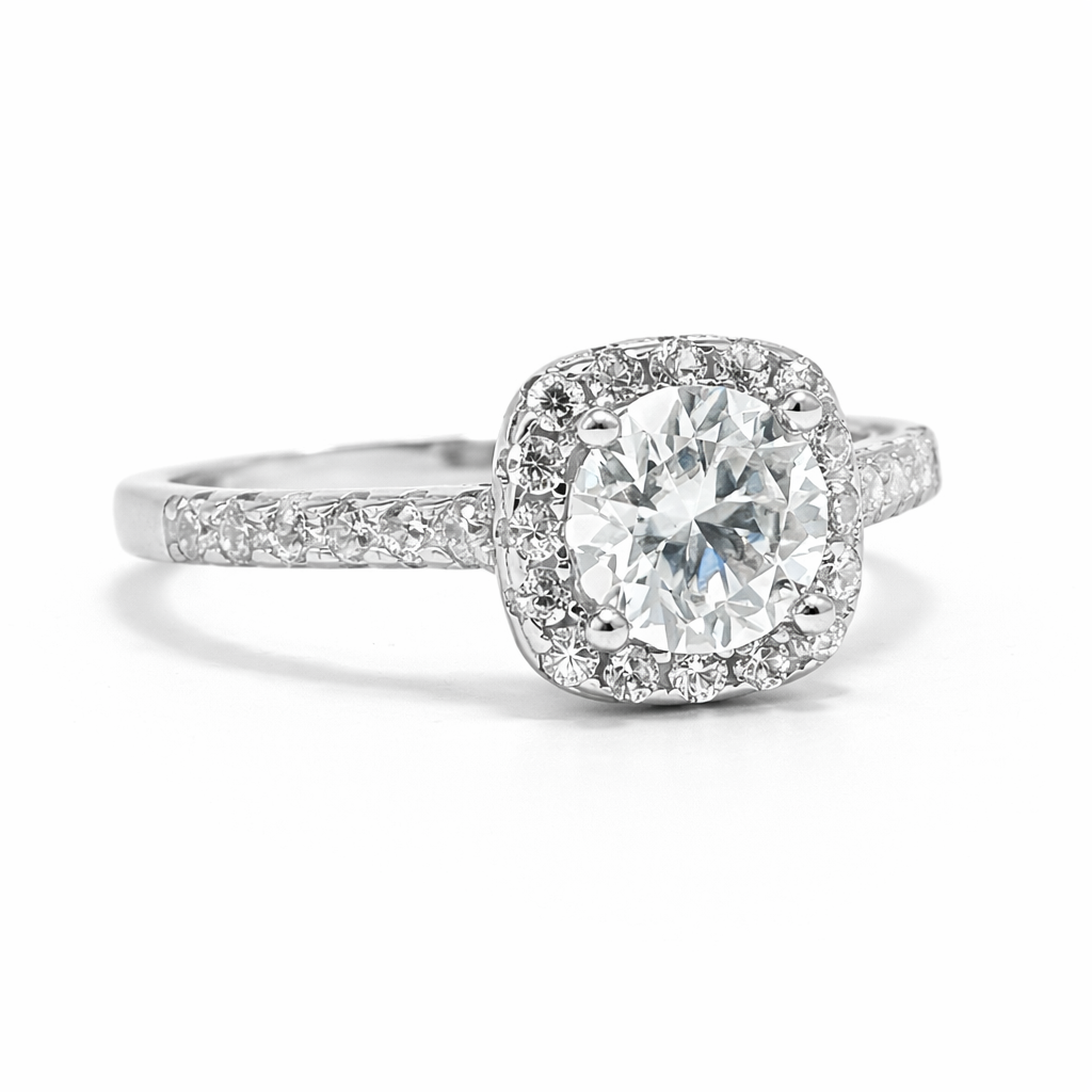 Ladies Moissanite Cushion Halo Ring in 925 Sterling Silver – Fawaz Jewellers