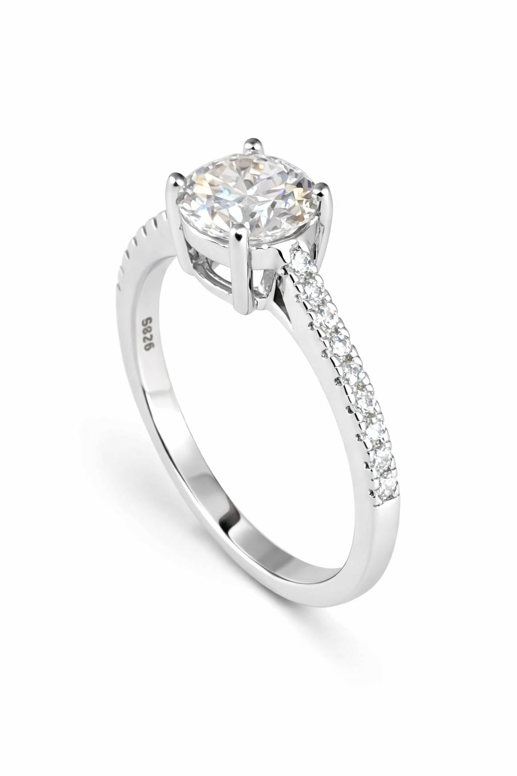Ladies Classic Moissanite Solitaire Ring with Pavé Shoulders in 925 Sterling Silver – Fawaz Jewellers
