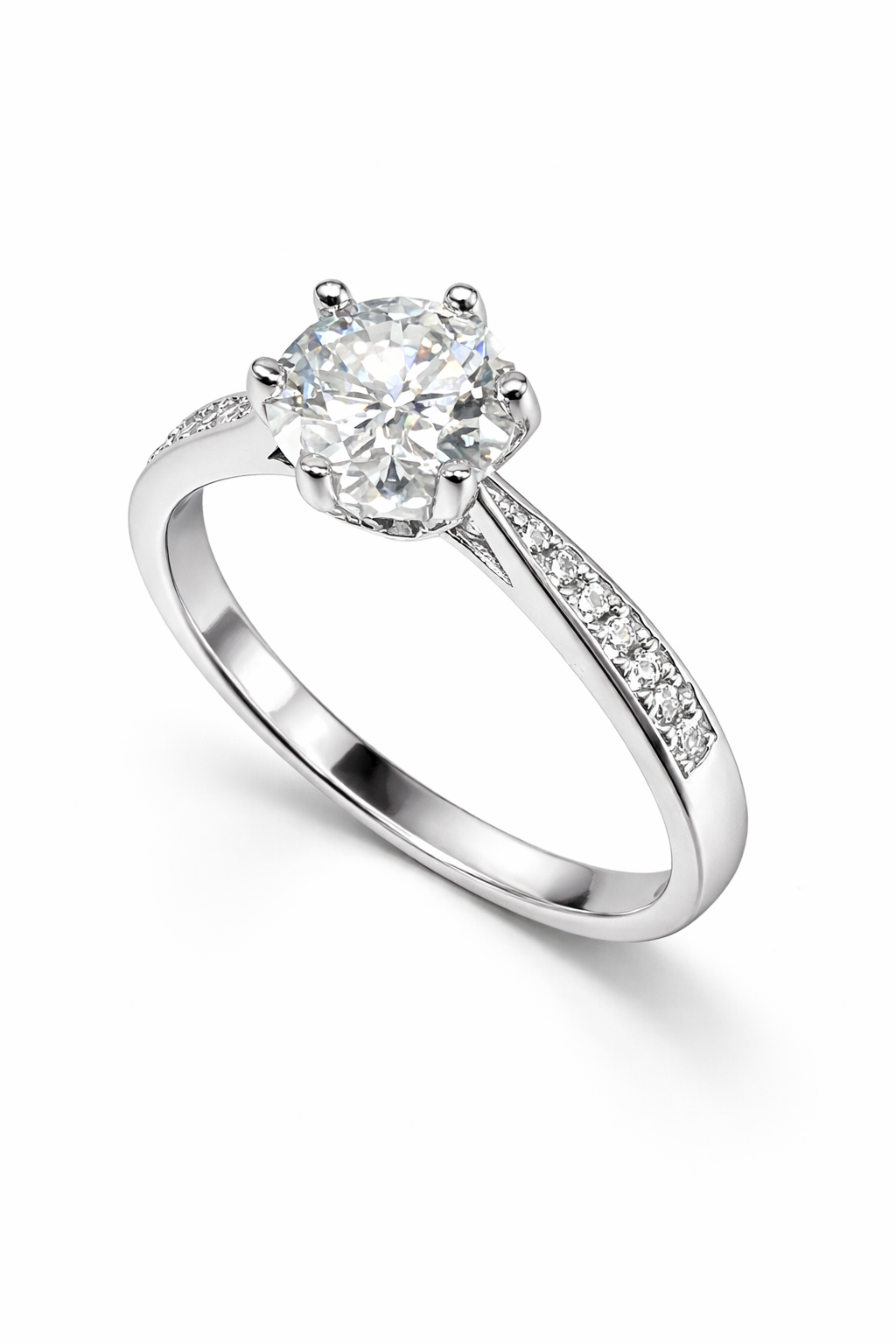 Ladies Round Moissanite Solitaire Ring with Pavé Band in 925 Sterling Silver – Fawaz Jewellers