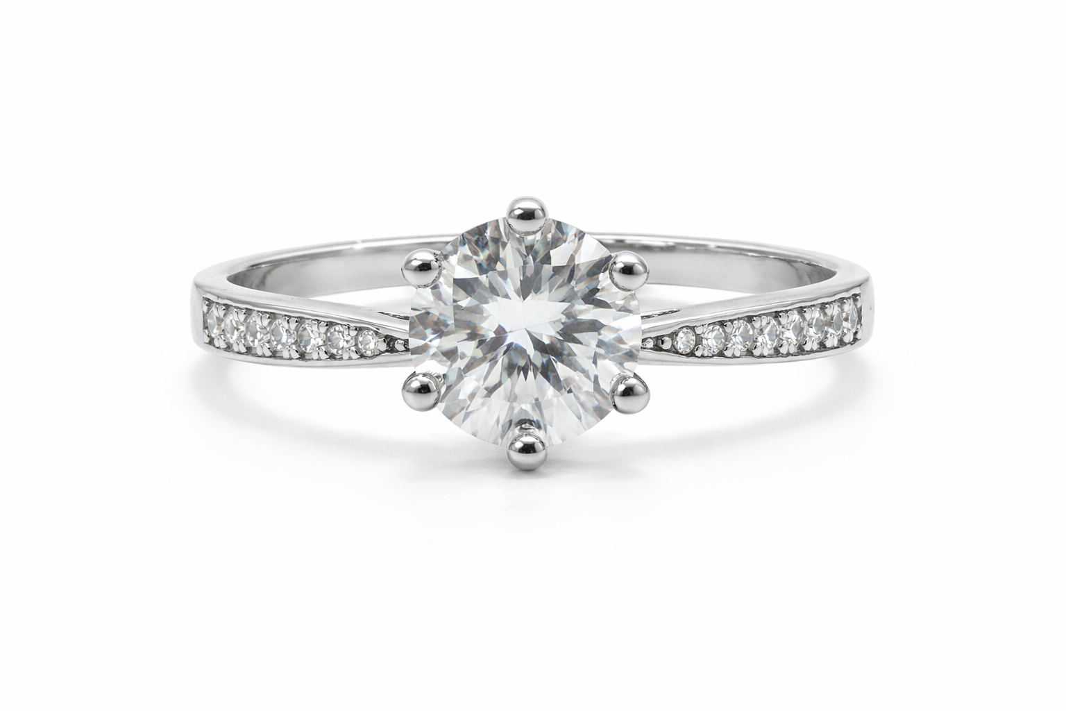 Ladies Round Moissanite Solitaire Ring with Pavé Band in 925 Sterling Silver – Fawaz Jewellers