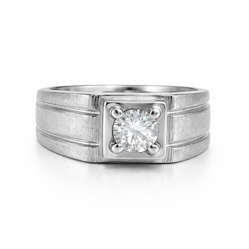 Fawaz Jewellers Certified Moissanite Silver Band – Classic Textured Square Setting Ring