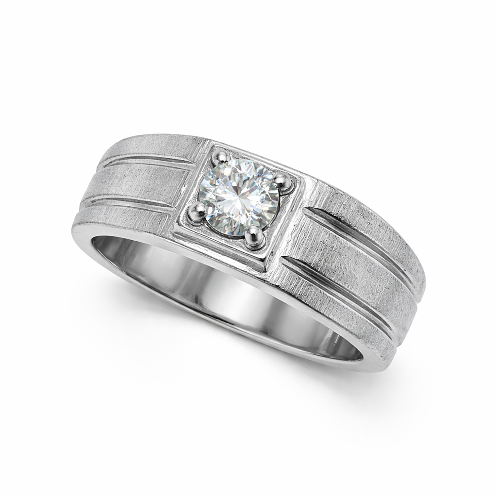 Fawaz Jewellers Certified Moissanite Silver Band – Classic Textured Square Setting Ring