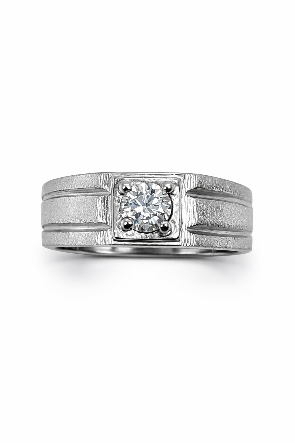 Fawaz Jewellers Certified Moissanite Silver Band – Classic Textured Square Setting Ring