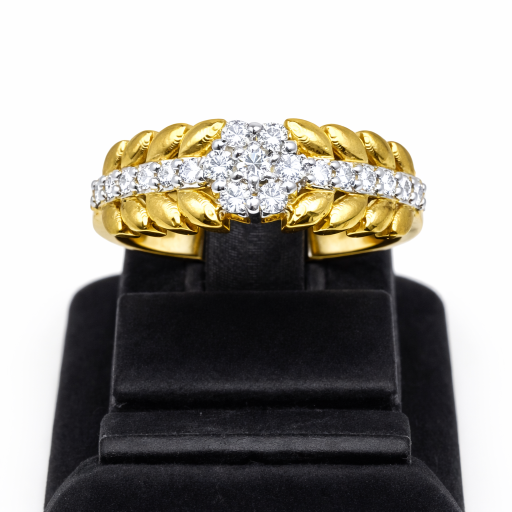 Fawaz Jewellers 21K Gold Diamond Ring – 0.32ct Pavé Diamonds | Bold Textured Band with Cluster Design