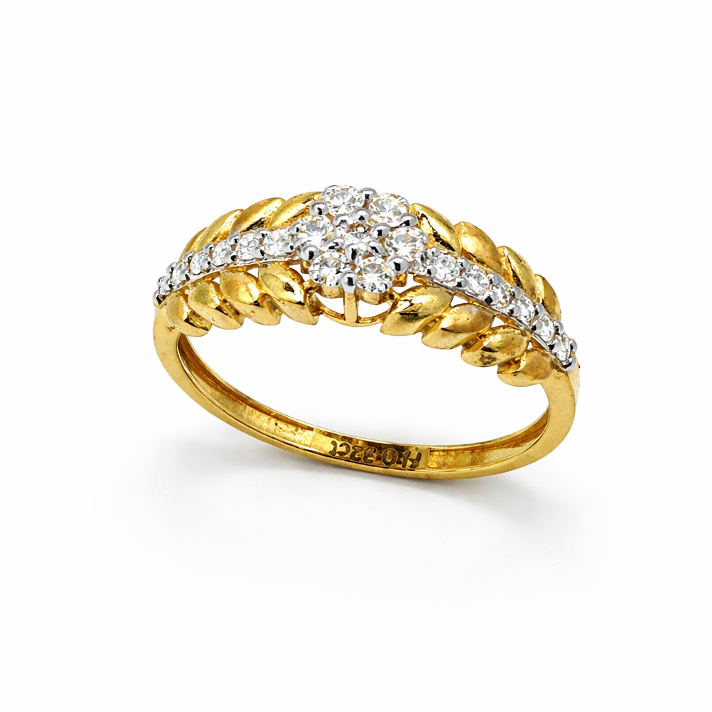 Fawaz Jewellers 21K Gold Diamond Ring – 0.32ct Pavé Diamonds | Bold Textured Band with Cluster Design