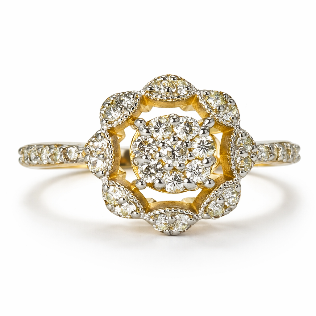 Fawaz Jewellers 21K Gold Diamond Halo Ring – 0.46ct Pavé Diamonds | Floral Cluster Statement Design