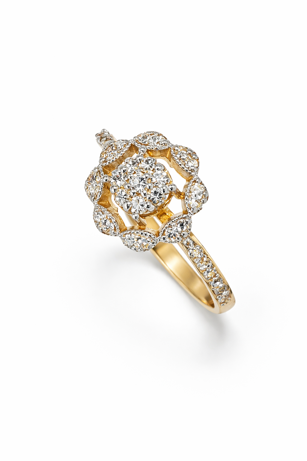 Fawaz Jewellers 21K Gold Diamond Halo Ring – 0.46ct Pavé Diamonds | Floral Cluster Statement Design