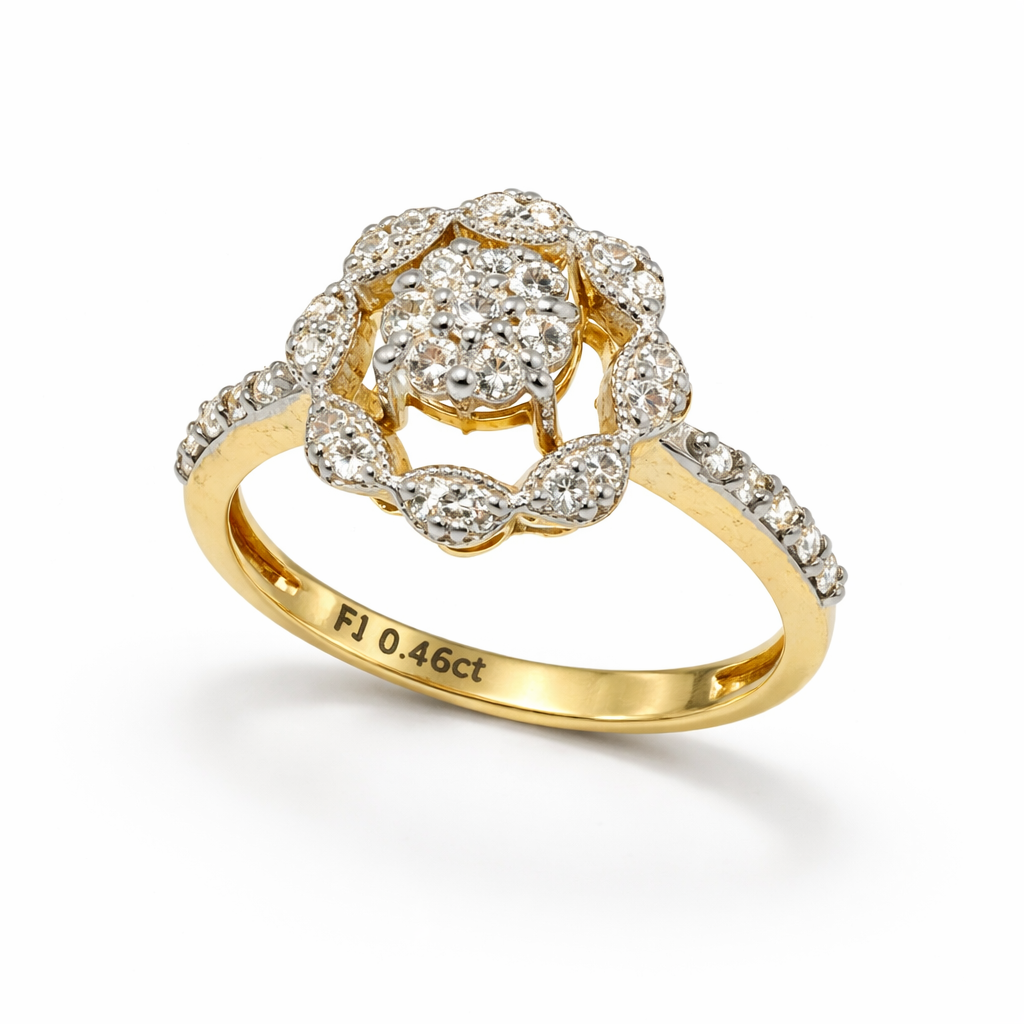 Fawaz Jewellers 21K Gold Diamond Halo Ring – 0.46ct Pavé Diamonds | Floral Cluster Statement Design