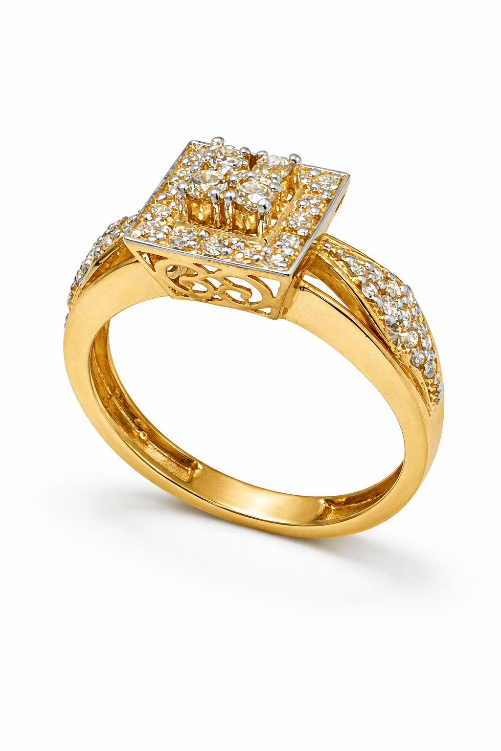 Fawaz Jewellers 21K Gold Diamond Square Halo Ring – 0.59ct Pavé Diamonds | Cluster Statement Design